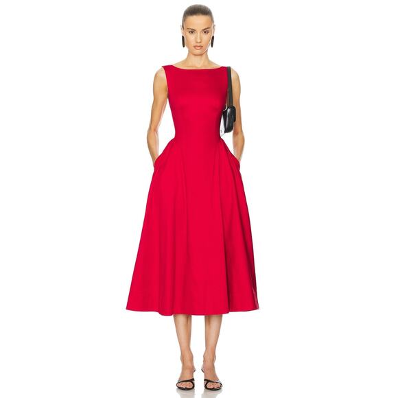 Helsa Stretch Cotton Sateen A Line Midi Dress Party Cocktail Evening Red Size M - Picture 2 of 10